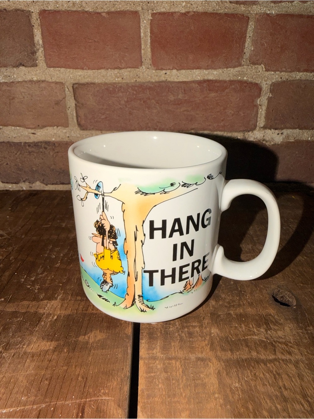 Golf White Mug by Russ with Multicolor Cartoon 'Hang In There' Design 90s vtg